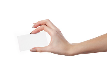 Image showing Businesswoman's hand holding blank business card