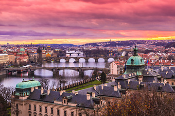 Image showing Bridges in Prague over the river at sunset