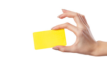 Image showing Businesswoman's hand holding blank business card