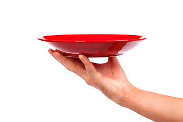 Image showing Red kitchen plate on a hand isolated