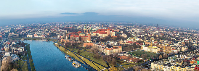 Image showing Cracow skyline with aerial view of historic royal Wawel Castle a