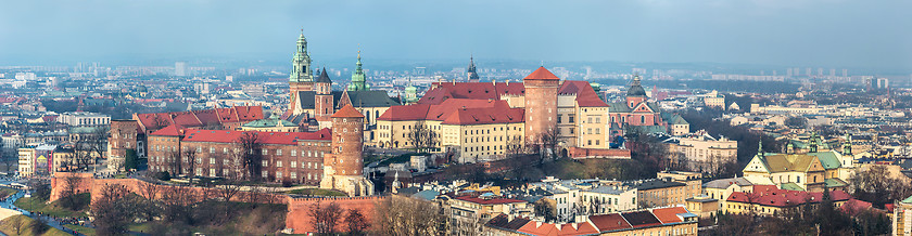Image showing Cracow skyline with aerial view of historic royal Wawel Castle a