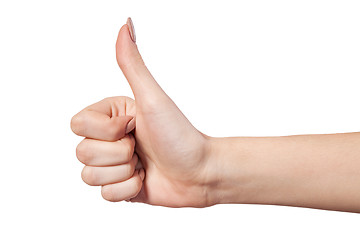Image showing Female hand showing thumbs up sign isolated on white