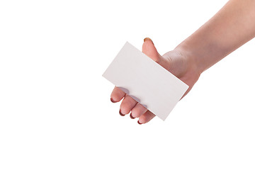 Image showing Businesswoman's hand holding blank business card