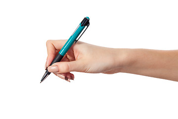 Image showing Hand hold a pen writing on the white