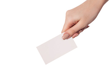 Image showing Businesswoman's hand holding blank business card