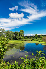 Image showing Panorama of summer morning lake
