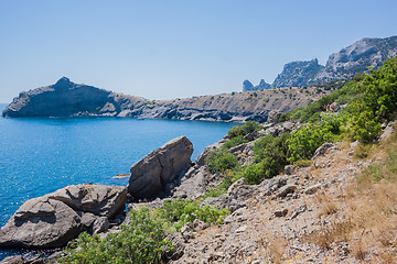 Image showing Summer view seacoast. Sudak beach. Black Sea, Ukraine