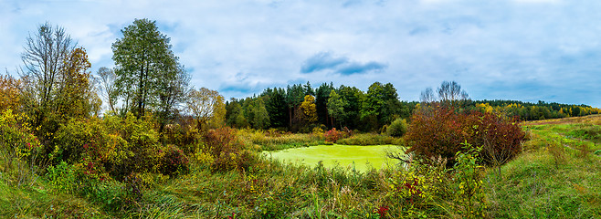 Image showing Forest lake in fall. Panorama