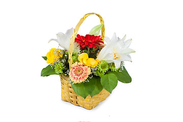Image showing Beautiful bouquet of bright flowers in basket
