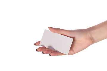 Image showing Businesswoman's hand holding blank business card