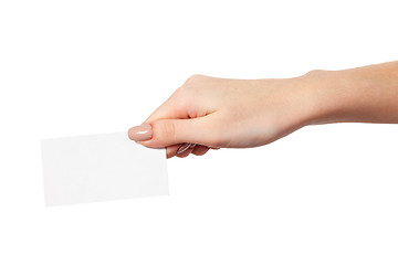 Image showing Businesswoman's hand holding blank business card