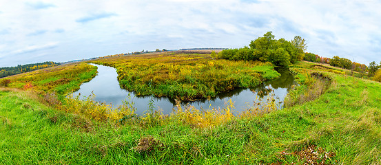 Image showing Landscape with forest lake in autumn. Panorama