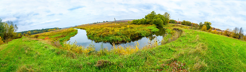 Image showing Landscape with forest lake in autumn. Panorama