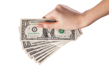 Image showing Female hand holding money dollars isolated on white background