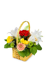 Image showing Beautiful bouquet of bright flowers in basket