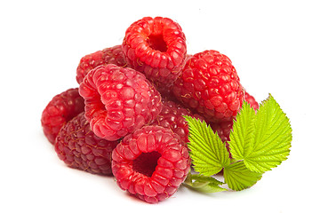 Image showing Bunch of a red raspberry on a white background. Close up macro s