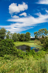 Image showing Panorama of summer morning lake