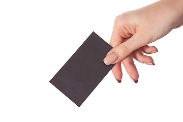 Image showing Businesswoman's hand holding blank business card