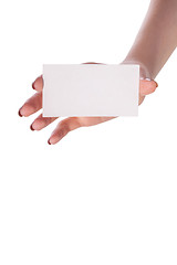 Image showing Businesswoman's hand holding blank business card