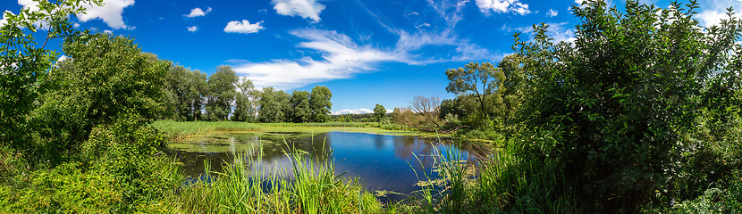 Image showing Panorama of summer morning lake