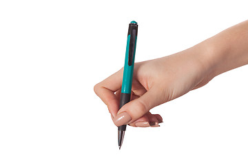 Image showing Hand hold a pen writing on the white