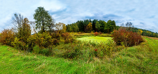 Image showing Forest lake in fall. Panorama