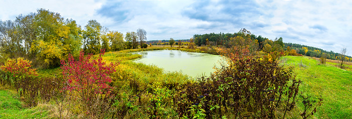 Image showing Forest lake in fall. Panorama