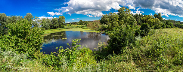 Image showing Panorama of summer morning lake