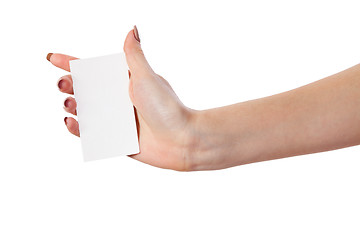 Image showing Businesswoman's hand holding blank business card