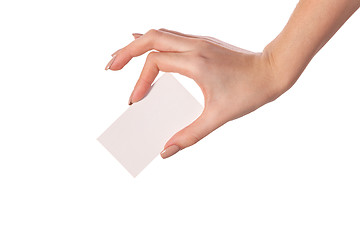 Image showing Businesswoman's hand holding blank business card