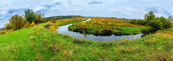 Image showing Landscape with forest lake in autumn. Panorama