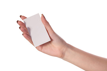 Image showing Businesswoman's hand holding blank business card