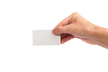 Image showing Businessman's hand holding blank business card