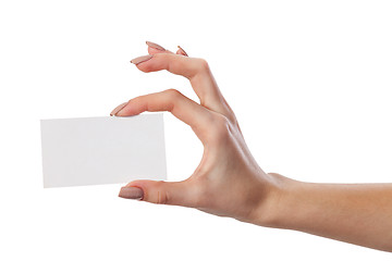 Image showing Businesswoman's hand holding blank business card