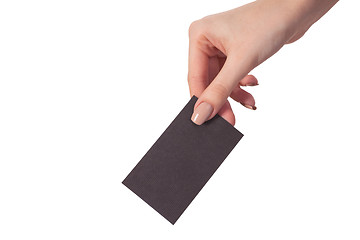 Image showing Businesswoman's hand holding blank business card