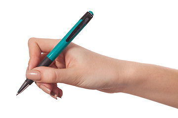 Image showing Hand hold a pen writing on the white