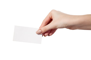 Image showing Businesswoman's hand holding blank business card