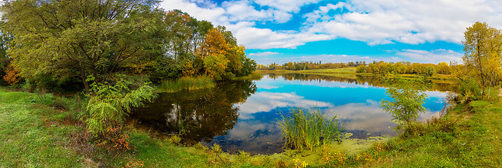 Image showing Forest lake in fall. Panorama