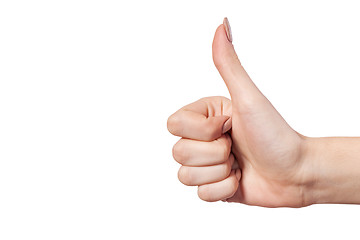 Image showing Female hand showing thumbs up sign isolated on white