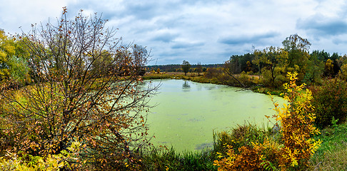 Image showing Forest lake in fall. Panorama