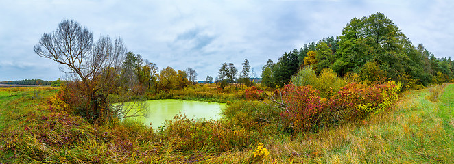 Image showing Forest lake in fall. Panorama