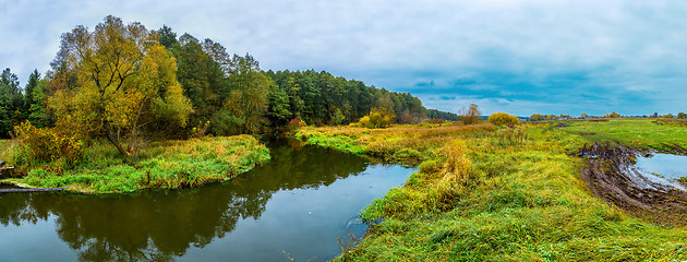 Image showing Landscape with forest lake in autumn. Panorama