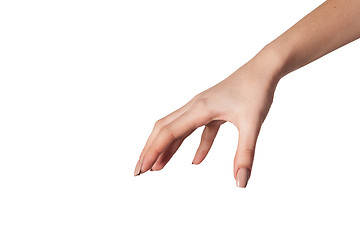 Image showing Female hand reaching for something on white