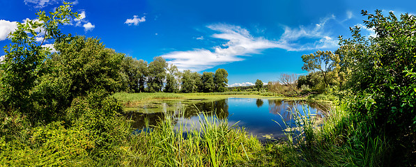 Image showing Panorama of summer morning lake