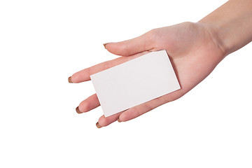 Image showing Businesswoman's hand holding blank business card