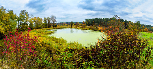 Image showing Forest lake in fall. Panorama