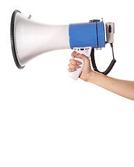 Image showing A woman is holding a loudspeaker