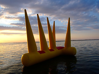 Image showing Greater bright inflatable toy on water on a sunset