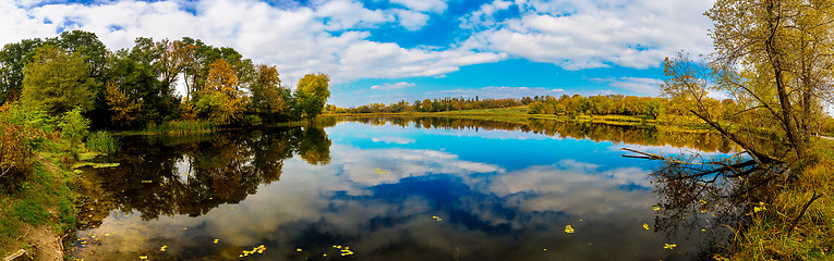 Image showing Forest lake in fall. Panorama